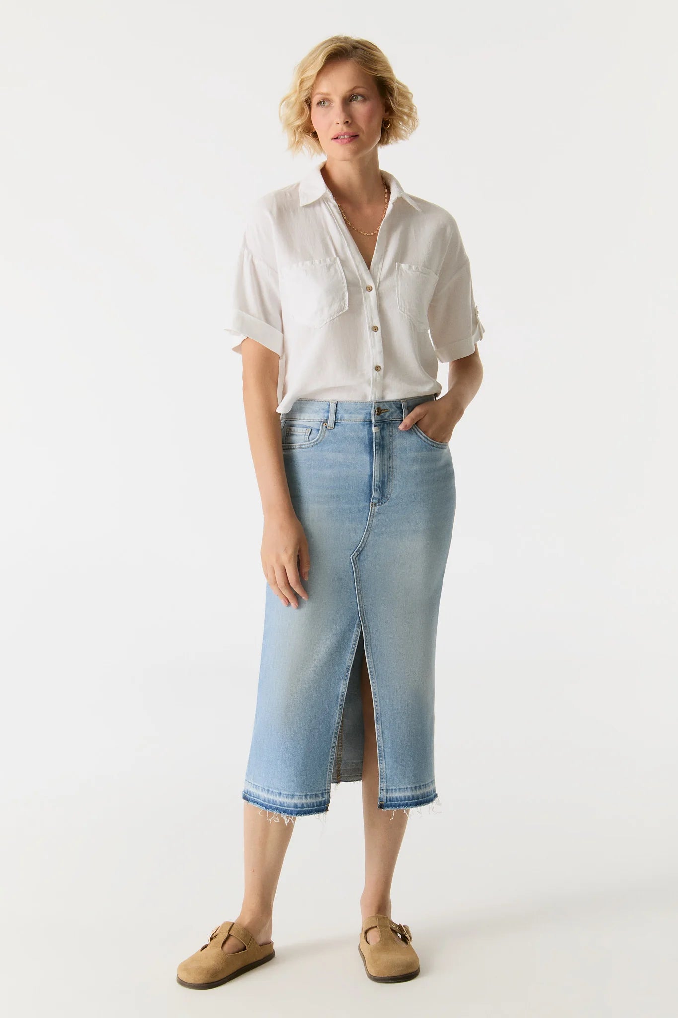 Evelyn - Mid Waist Long Skirt - Light Blue Fringe