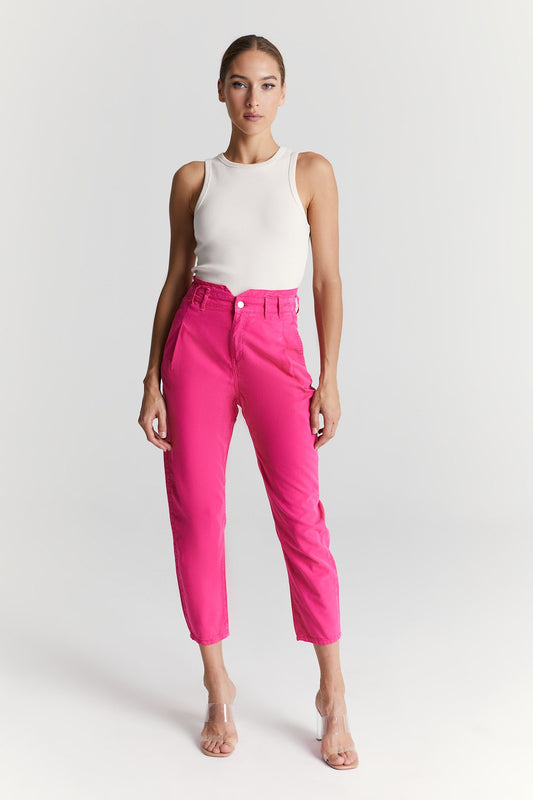 Camila - High Waist Slim Fit Paper Bag Pants - Pink