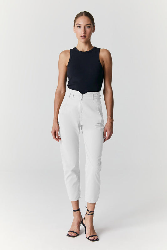 Camila - High Waist Slim Fit Paper Bag Pants - White