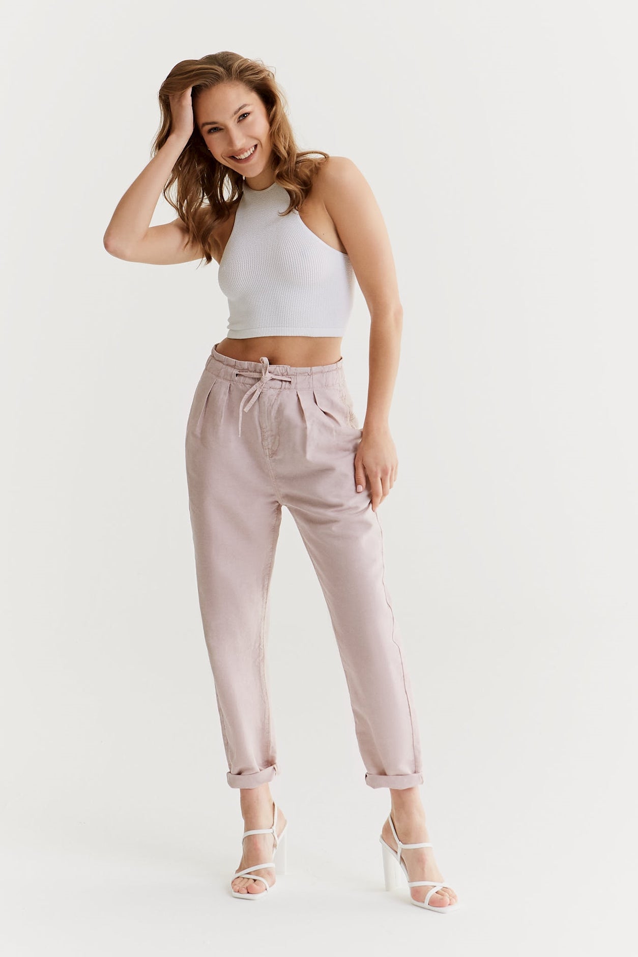 Claudia - High Waist Paper Bag Cropped Chino - Dusty Rose