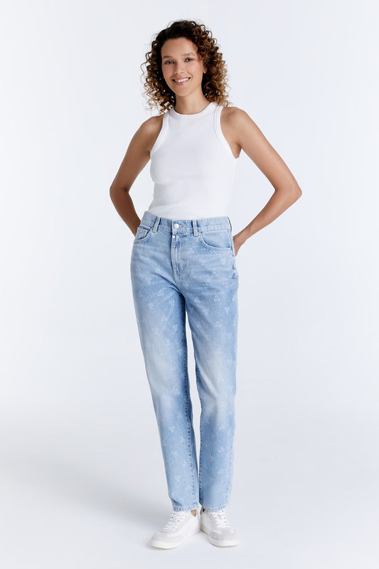 Daisy - Mid Waist 5 Pocket Jeans - Blue Strass