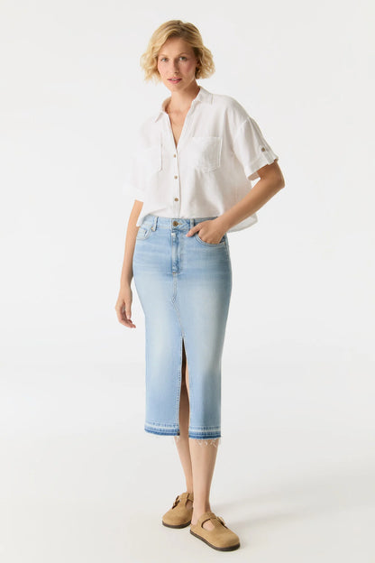 Evelyn - Mid Waist Long Skirt - Light Blue Fringe