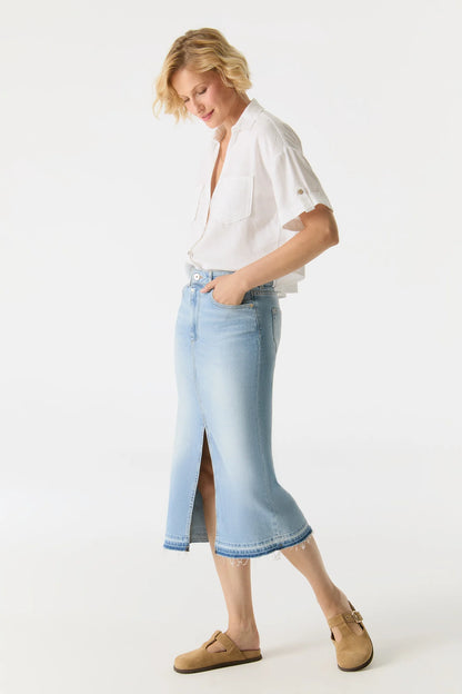 Evelyn - Mid Waist Long Skirt - Light Blue Fringe