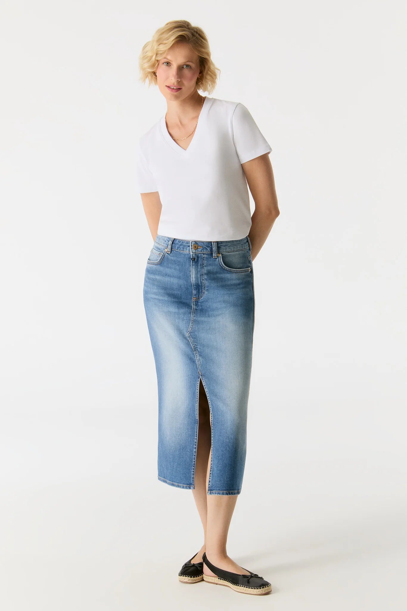 Evelyn - Mid Waist Long Skirt - Medium Blue