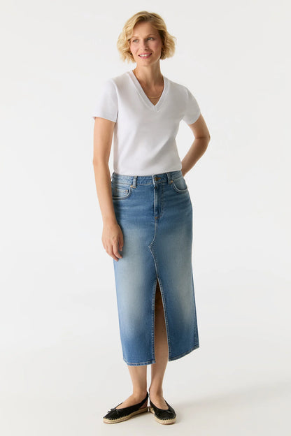 Evelyn - Mid Waist Long Skirt - Medium Blue