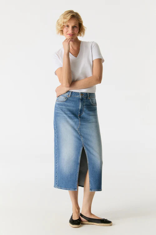 Evelyn - Mid Waist Long Skirt - Medium Blue
