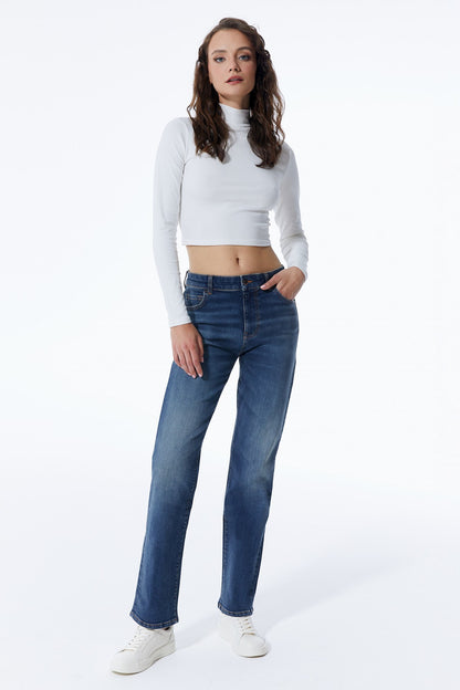 Kylie - Mid Waist 5 Pocket Jeans - Dark Blue