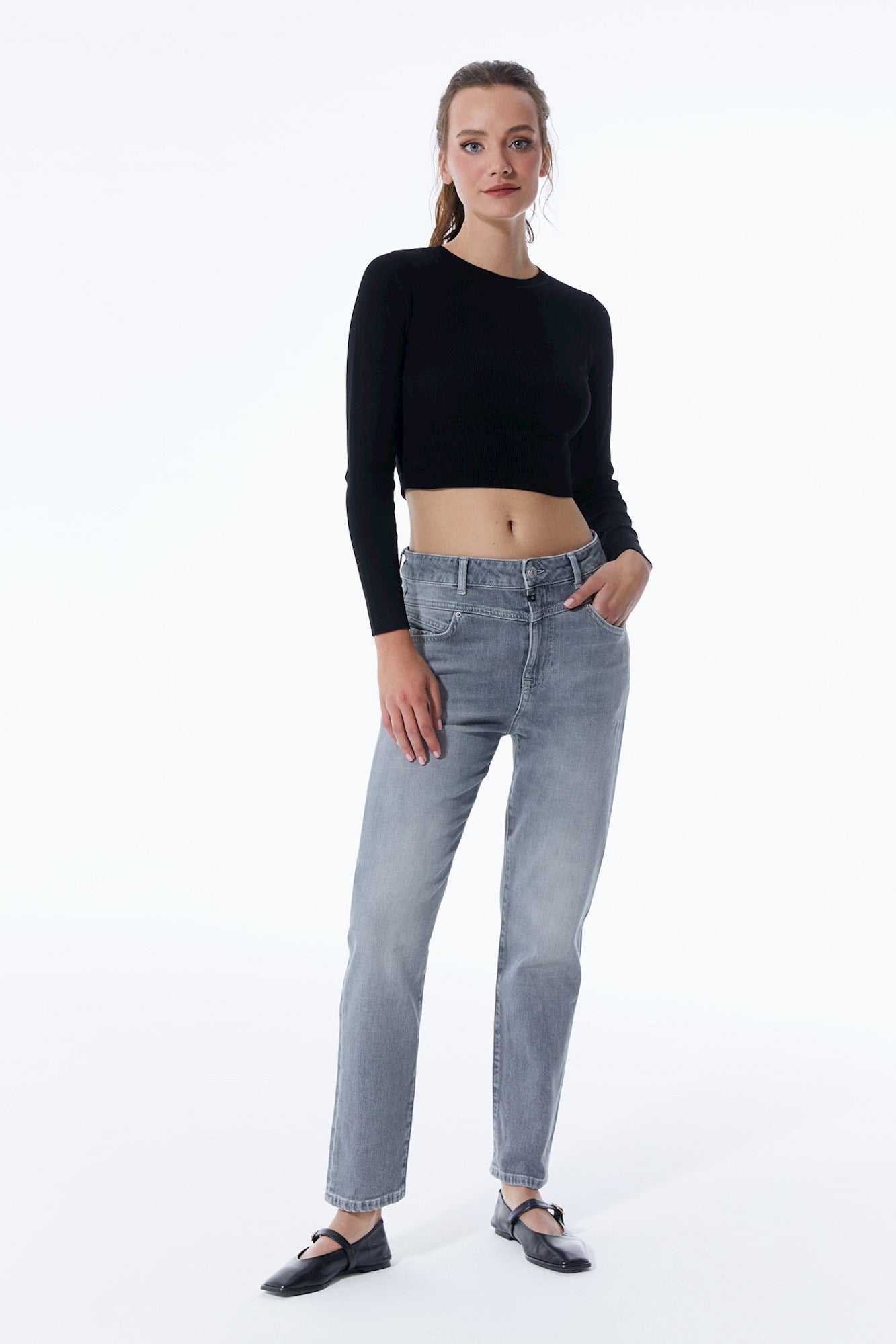 Victoria - Mid Waist 5 Pocket Regular Fit Jeans - Grey Vintage
