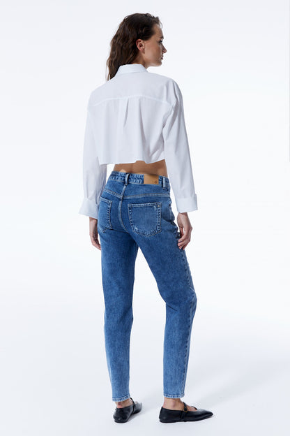 Victoria - Mid Waist 5 Pocket Regular Fit Jeans - Medium Blue Damaged