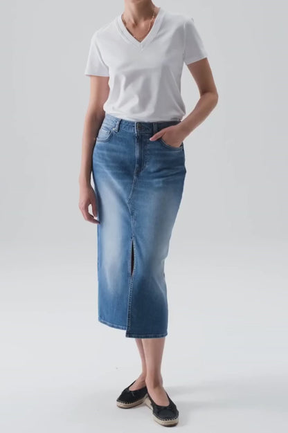 Evelyn - Mid Waist Long Skirt - Medium Blue