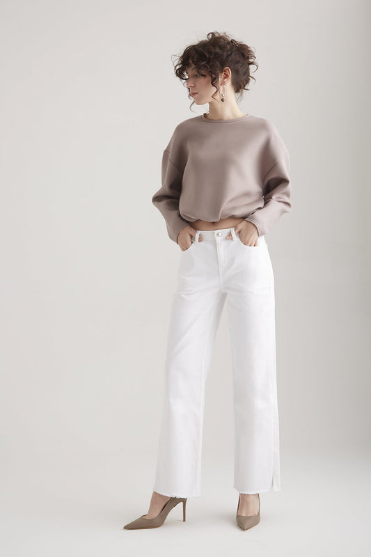 Sandra - Mid Waist 5 Pocket Straight Jeans - White
