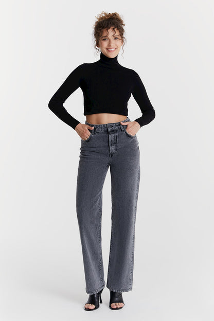 Sara - High Waist Straight Jeans - Washed Grey